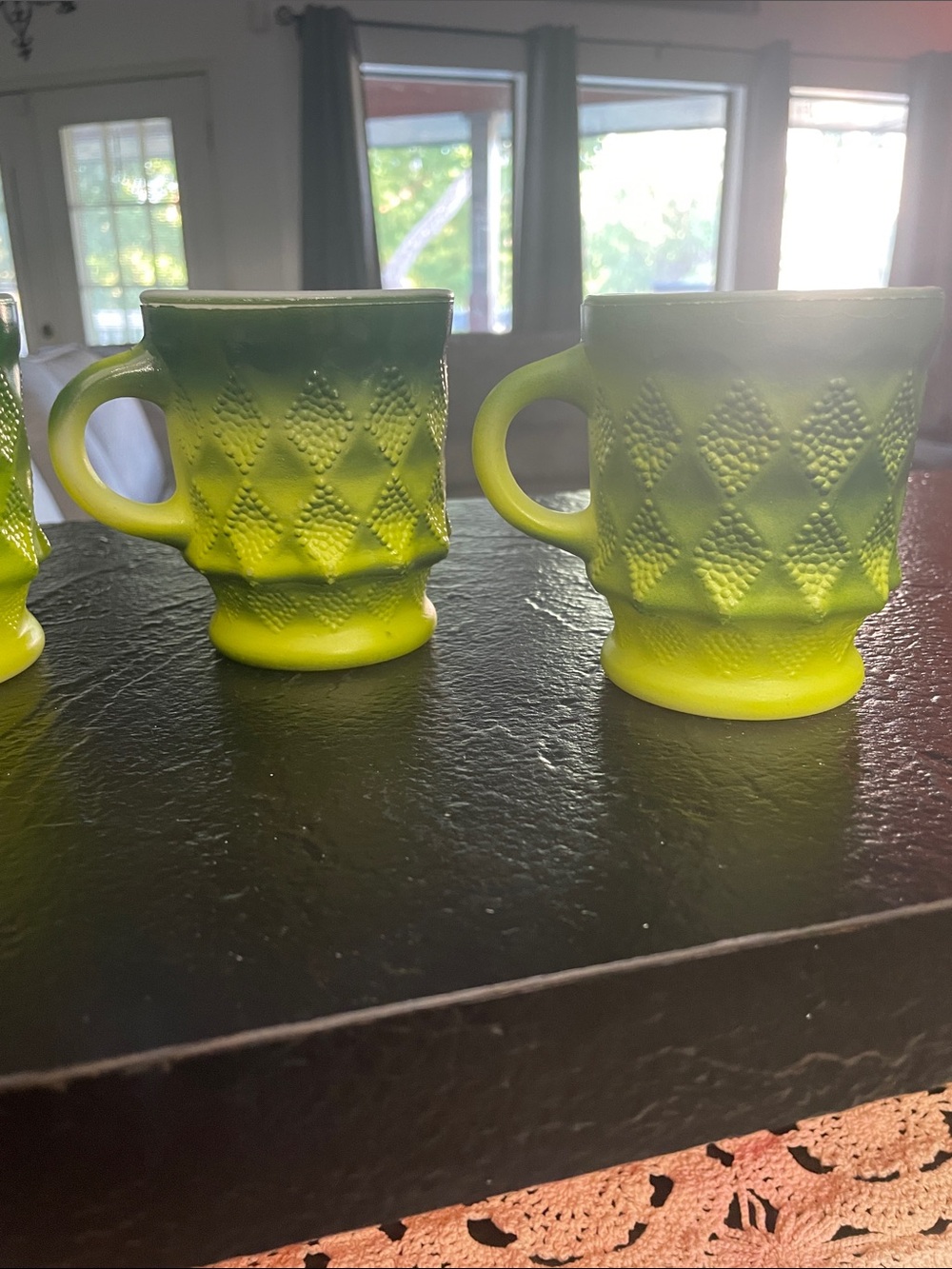 Fire King Kimberly Green Ombre Diamond Textured Glass Mugs - Set of 4 - Picture 4 of 10